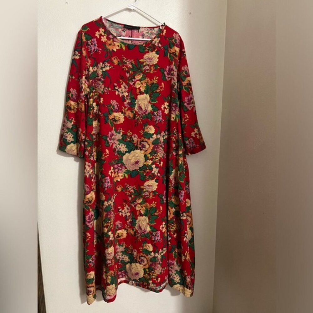 ZANZEA Vintage Floral Long Sleeve Midi Dress with Pockets Women's Size L